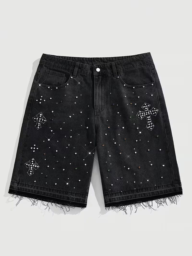 Bermuda Jeans Masculina Streetwear com Strass Premium