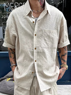 Camisa casual de lino para hombre con bolsillos