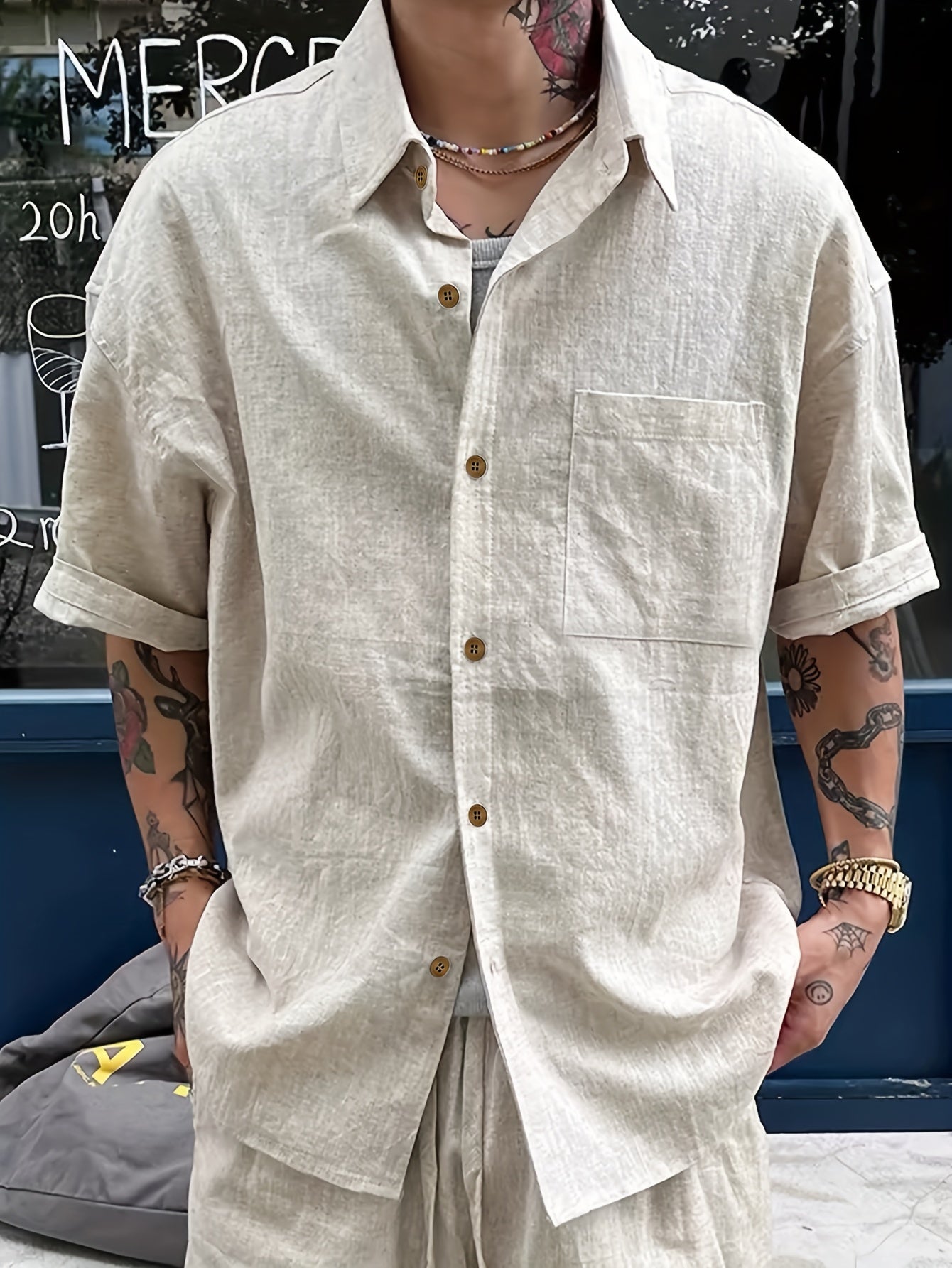 Camisa casual de lino para hombre con bolsillos