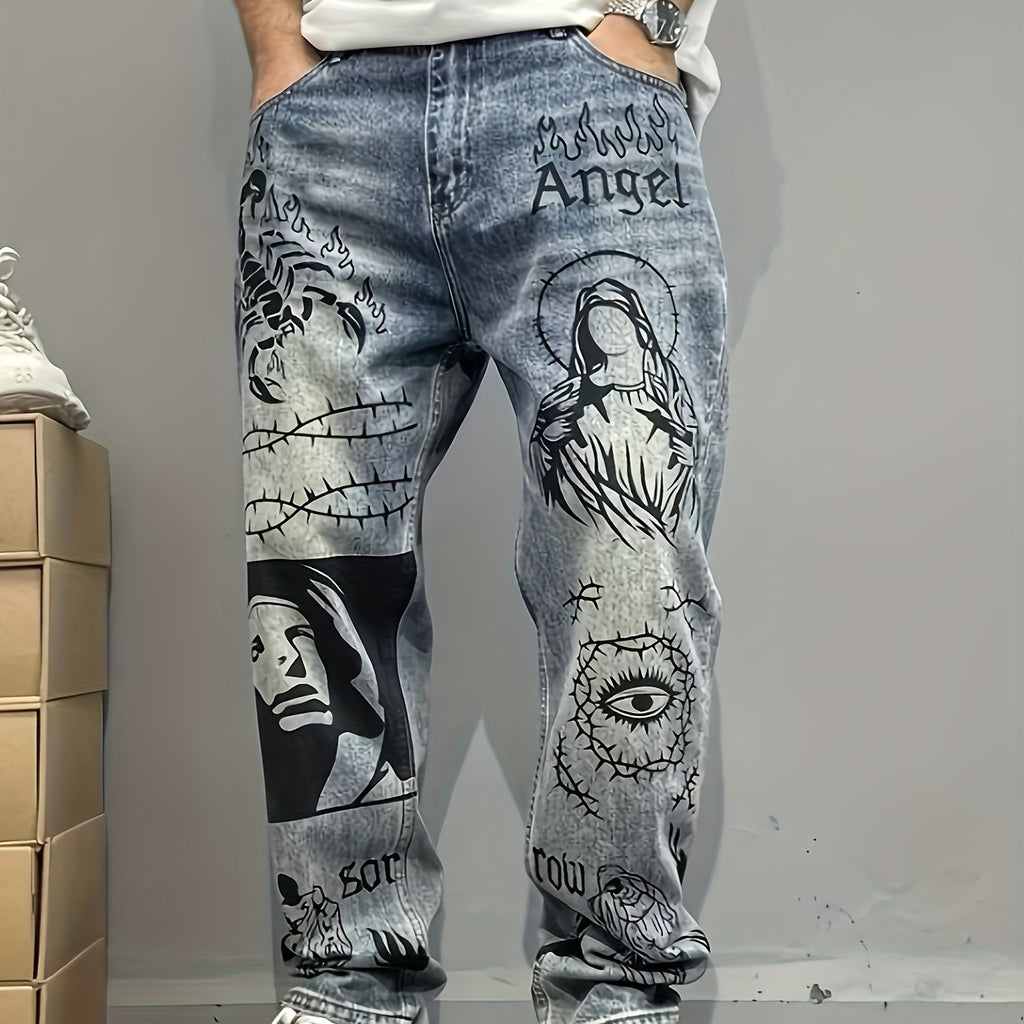 Vintage Jeans Americanos de Calle con Estampado de Graffiti, Pierna Recta y Holgada