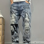 Vintage Jeans Americanos de Calle con Estampado de Graffiti, Pierna Recta y Holgada