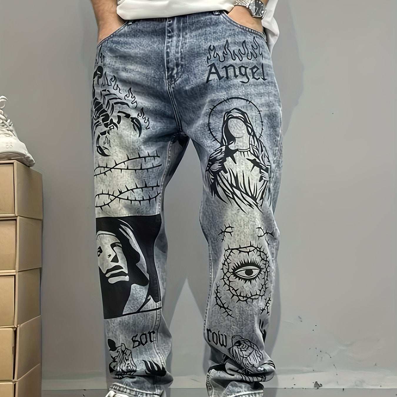 Vintage Jeans Americanos de Calle con Estampado de Graffiti, Pierna Recta y Holgada