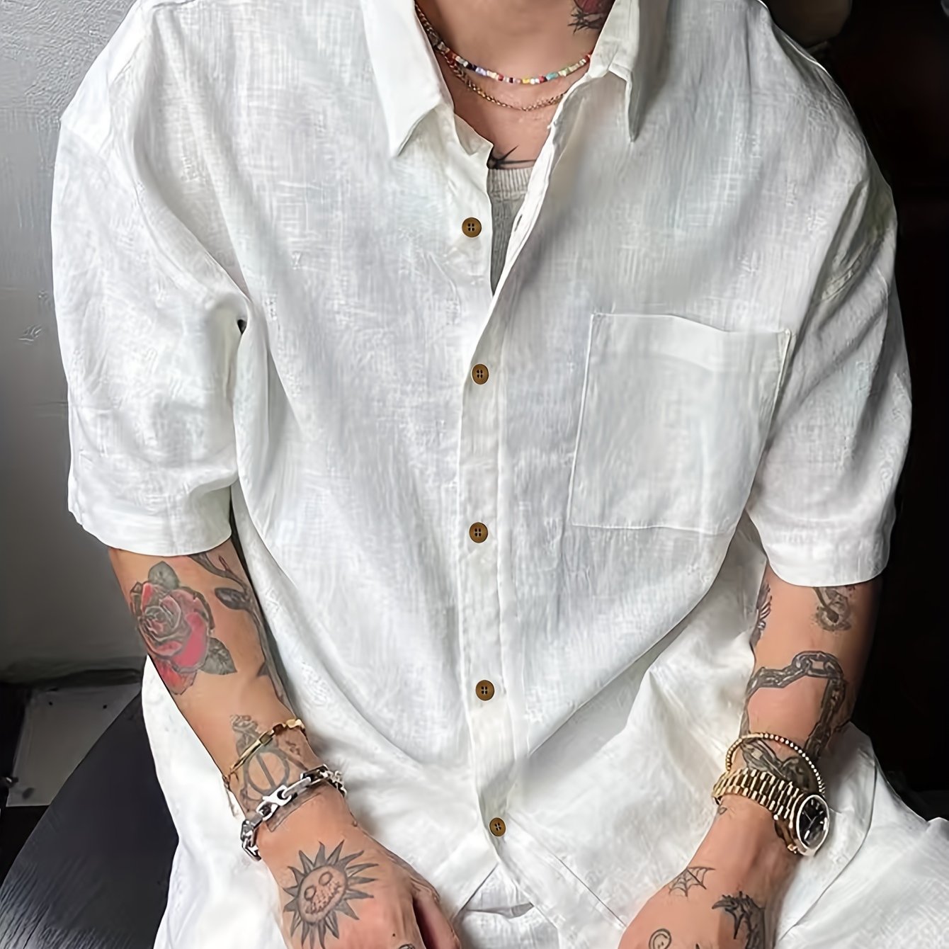 Camisa casual de lino para hombre con bolsillos
