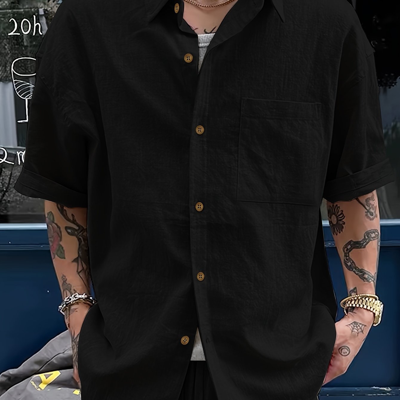 Camisa casual de lino para hombre con bolsillos