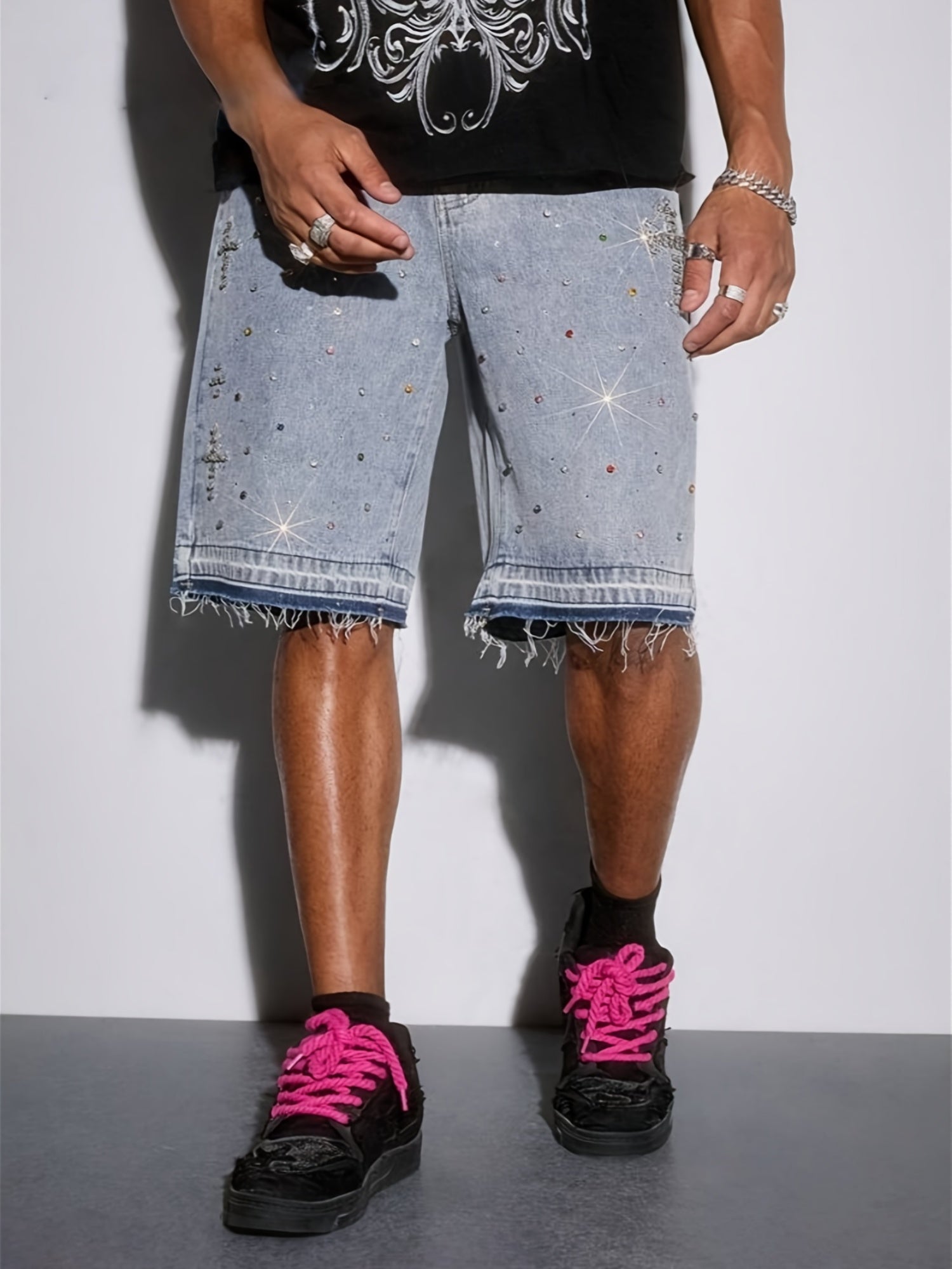 Bermuda Jeans Masculina Streetwear com Strass Premium