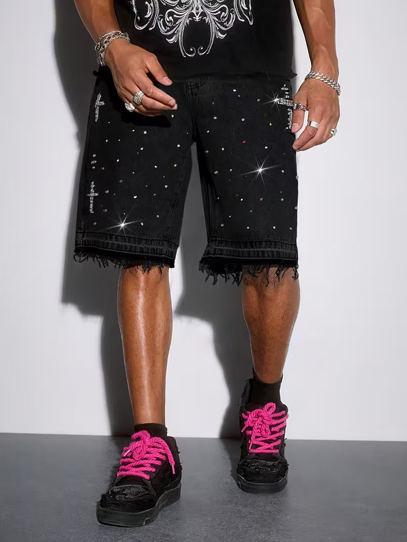 Bermuda Jeans Masculina Streetwear com Strass Premium