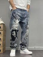 Vintage Jeans Americanos de Calle con Estampado de Graffiti, Pierna Recta y Holgada
