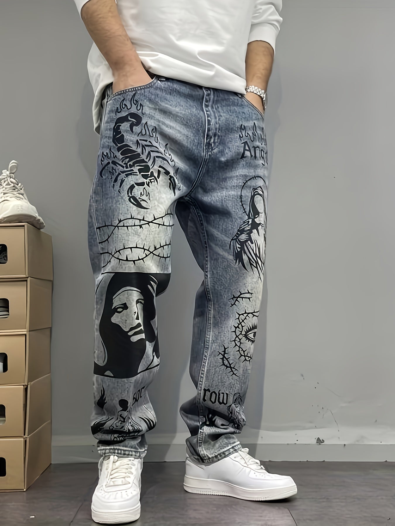 Vintage Jeans Americanos de Calle con Estampado de Graffiti, Pierna Recta y Holgada