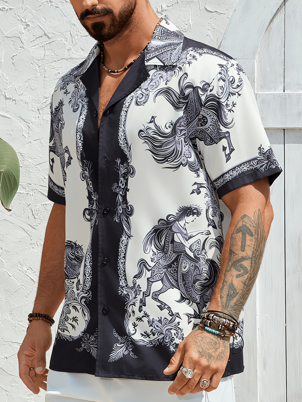 Camisa masculina de manga curta com estampa de cavalo