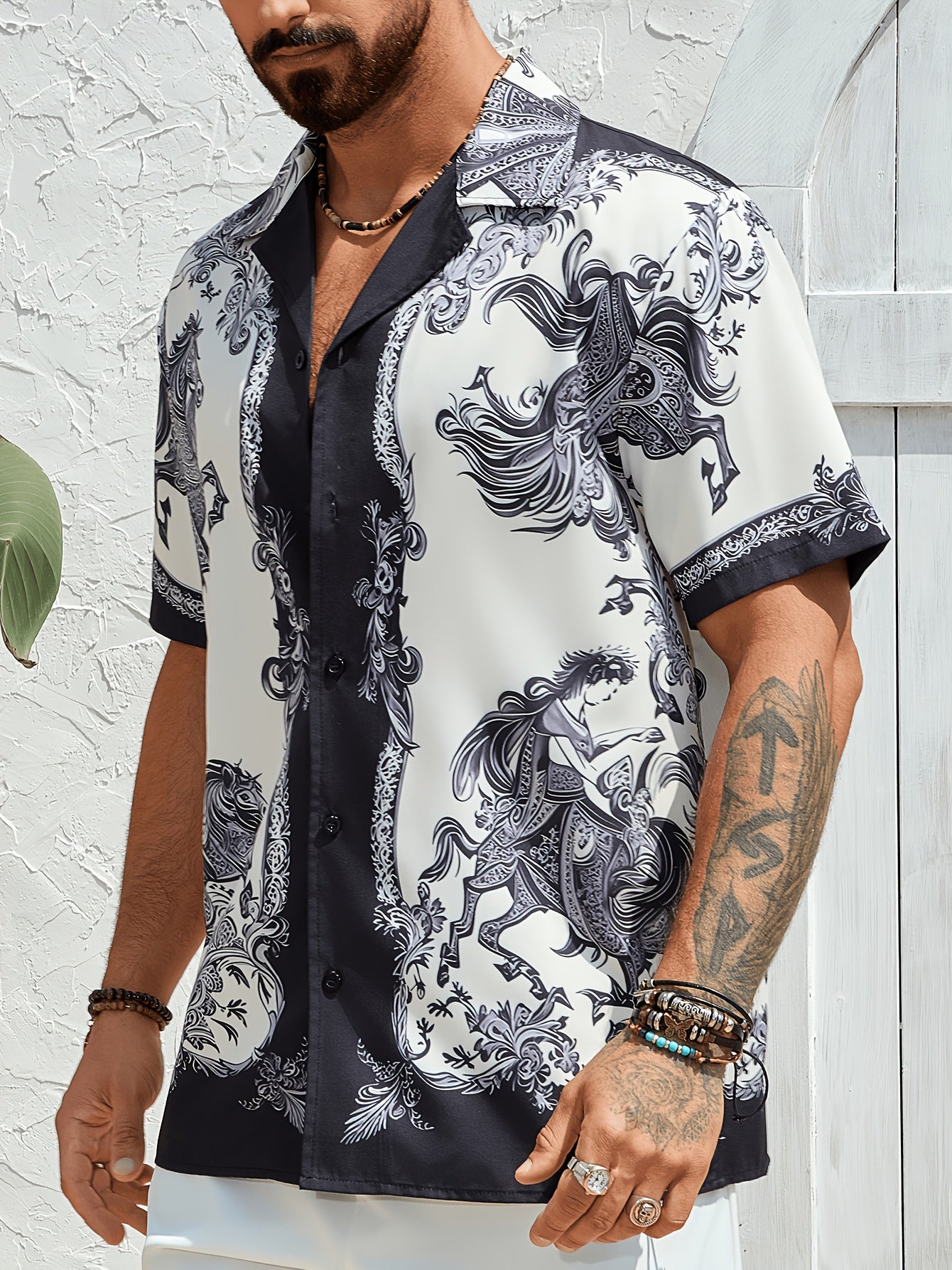 Camisa masculina de manga curta com estampa de cavalo