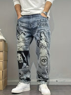 Vintage Jeans Americanos de Calle con Estampado de Graffiti, Pierna Recta y Holgada