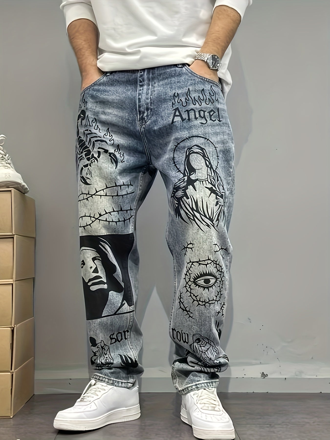 Vintage Jeans Americanos de Calle con Estampado de Graffiti, Pierna Recta y Holgada
