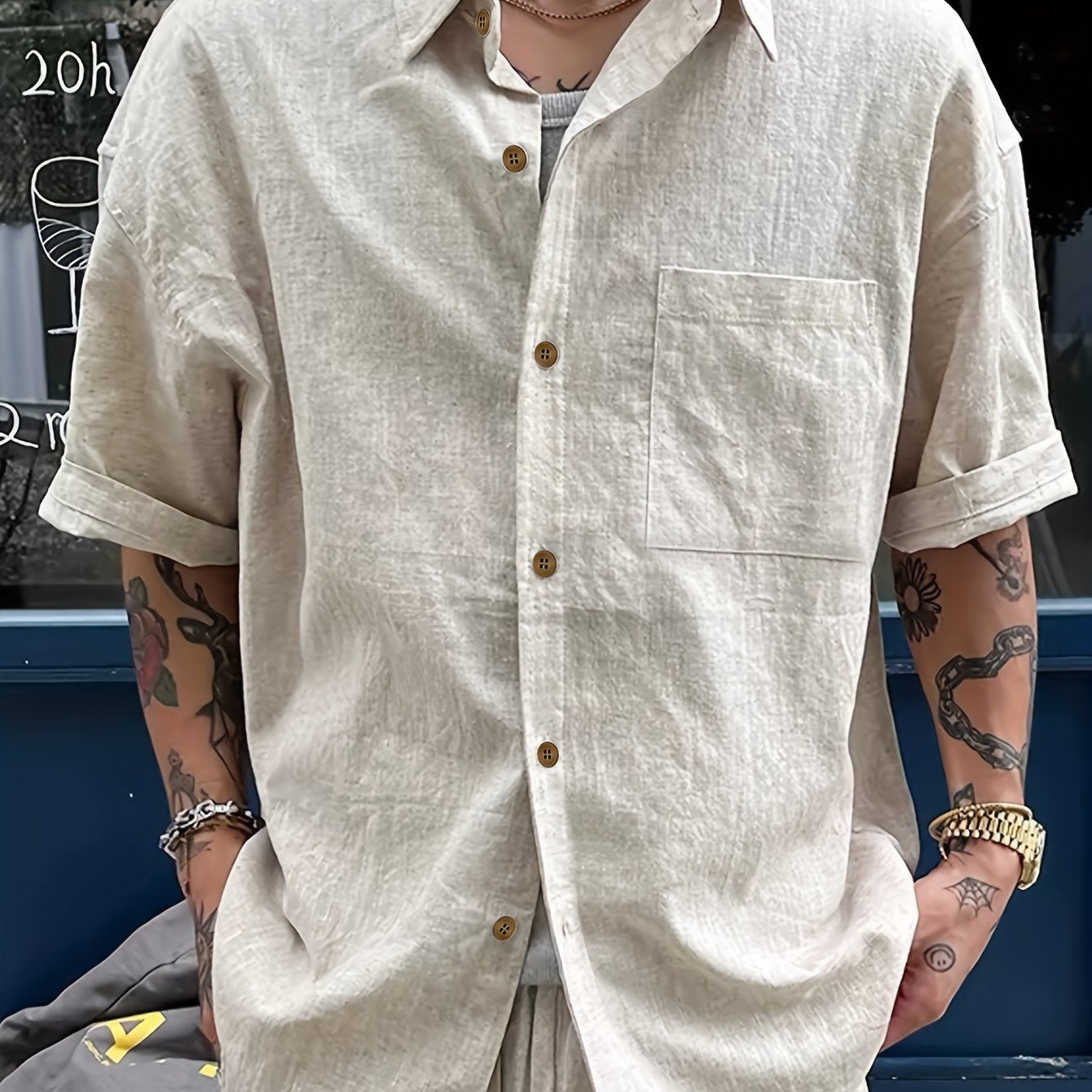 Camisa casual de lino para hombre con bolsillos