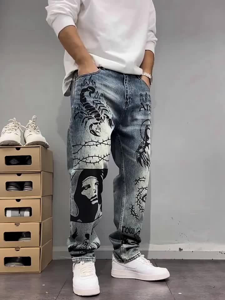 Vintage Jeans Americanos de Calle con Estampado de Graffiti, Pierna Recta y Holgada