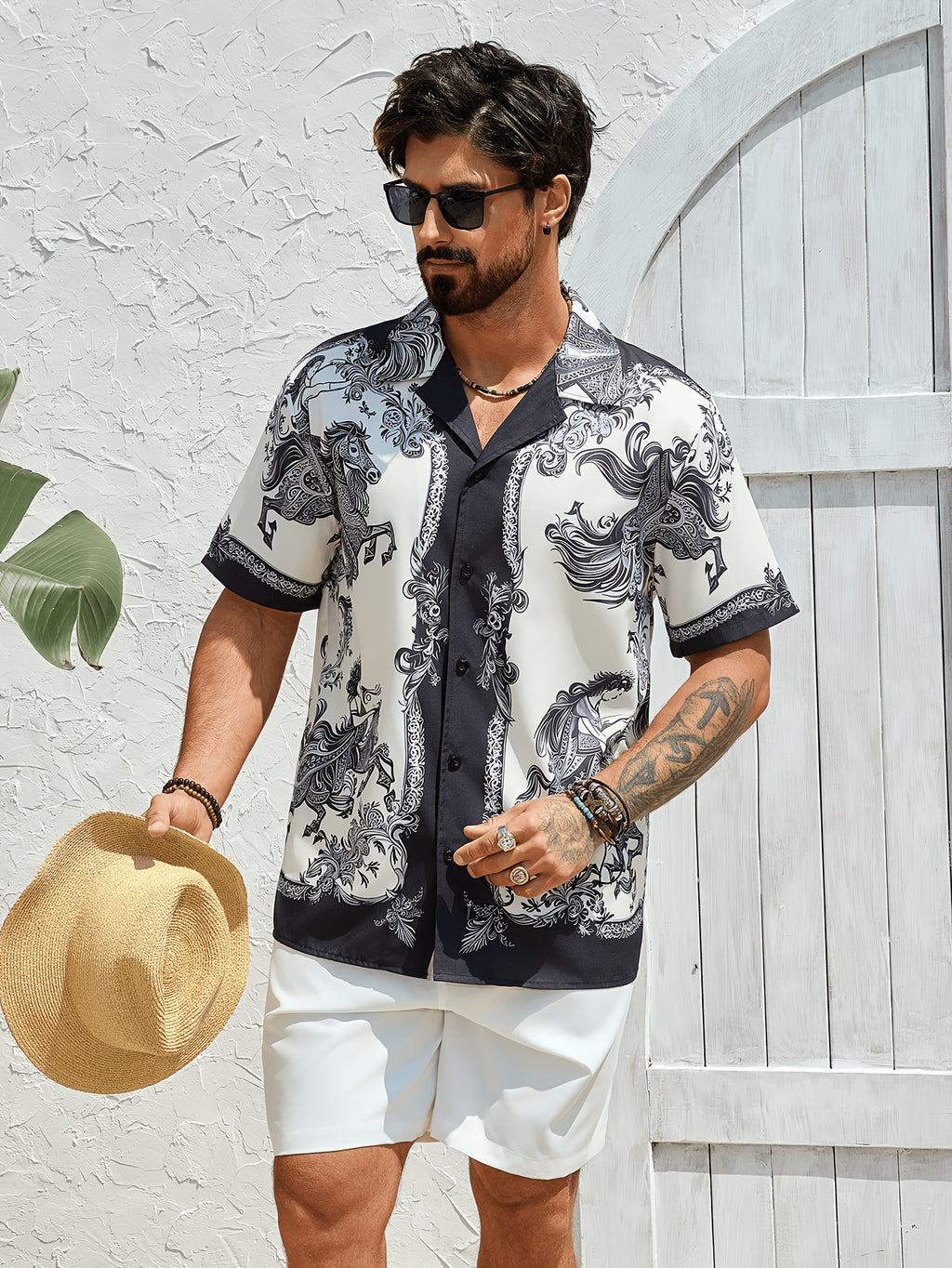 Camisa masculina de manga curta com estampa de cavalo