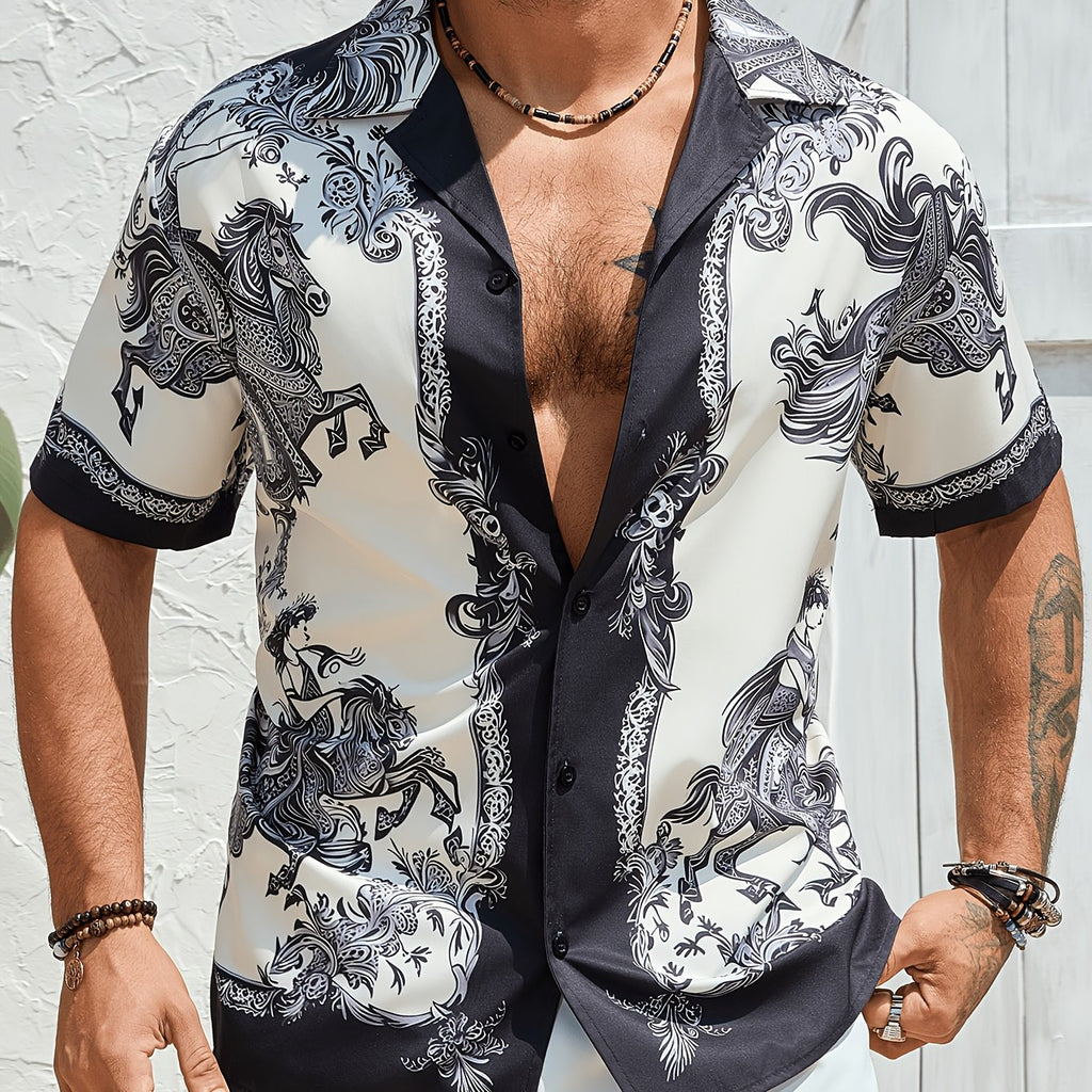 Camisa masculina de manga curta com estampa de cavalo